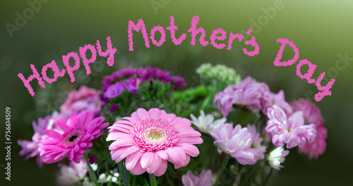 Mothers day card with flower bouquet isolated on blur green background.