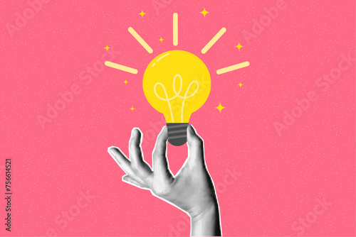 Halftone collage retro banner, paper cut out magazine elements. Hand holding flat glowing light bulb on textured pink background. Answer, idea, problem solving or business solution concept.