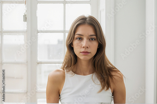 Free Download Portrait of a Russian woman with thin features standing in front of a window in a high-rise apartment - GFXLoad