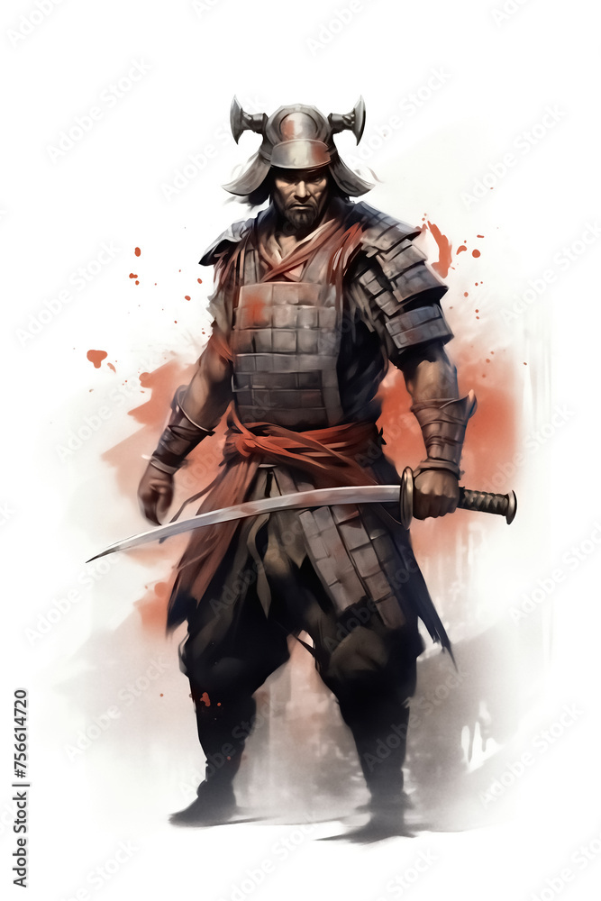 Watercolor sketch of Japanese samurai warrior in armor with sword of katana