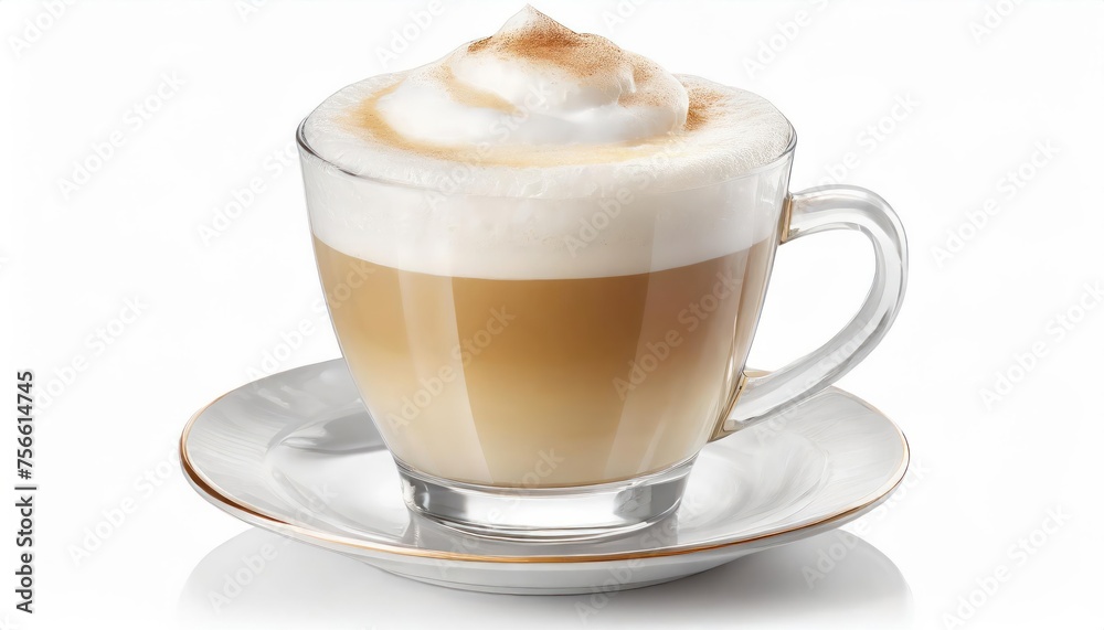 Frothy coffee cappuccino with whipped milk cap in transparent glass mug isolated on white background Frothy coffee cappuccino with whipped milk cap in transparent glass mug isolated on white background
