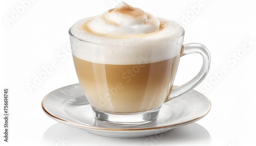 Frothy coffee cappuccino with whipped milk cap in transparent glass mug isolated on white background