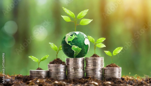 green globe with world map and stack of silver coins the seedlings are growing on top concept of green business finance and sustainability investment carbon credit money saving investment