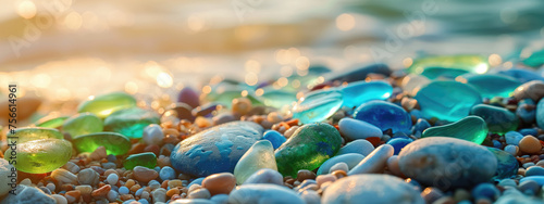 Colorful gemstones on a beach, polish textured sea glass.