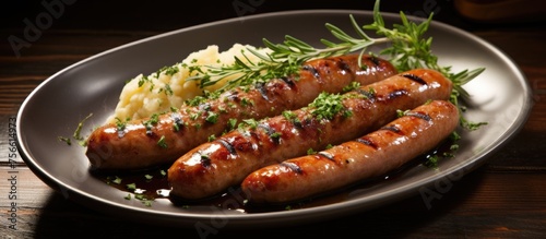 A delicious dish of sausages and mashed potatoes made with Thuringian sausage and breakfast sausage, served on a wooden table photo