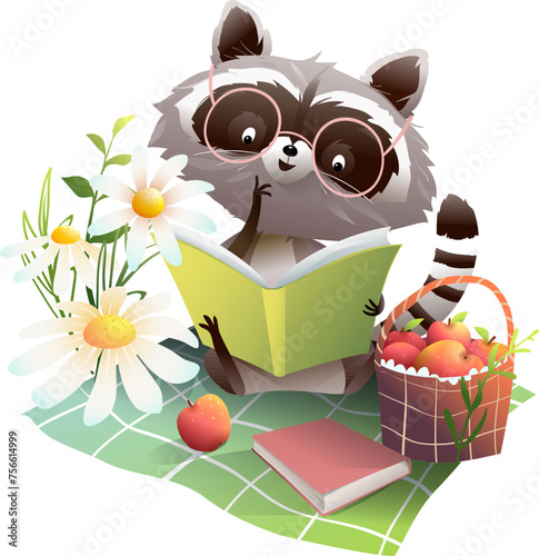 Cute raccoon reading books or study, on picnic blanket with a basket of apples. Summer or spring cartoon for children with animal reading books. Vector animals in nature clip art collection.