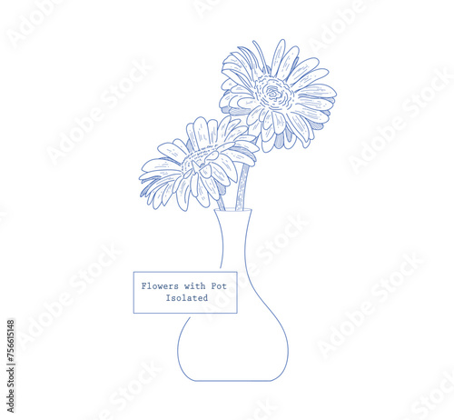 Blue ink floral illustration with vase for card, decoration and design
