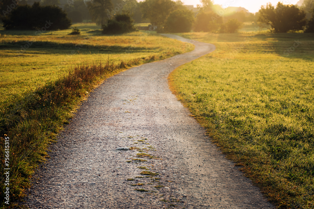 Naklejka premium Curved narrow gravel path through alpine meadow and countryside landscape in summer morning