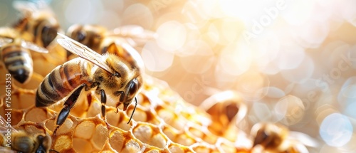 Close-up of bees on a honeycomb with glistening honey drops, against a vibrant yellow background.