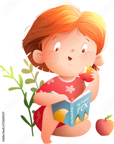 Cute little girl reading books or study sitting in nature, isolated clip art. Summer or spring cartoon for children girl reading a book and eating apples. Vector clip art illustration for kids story.