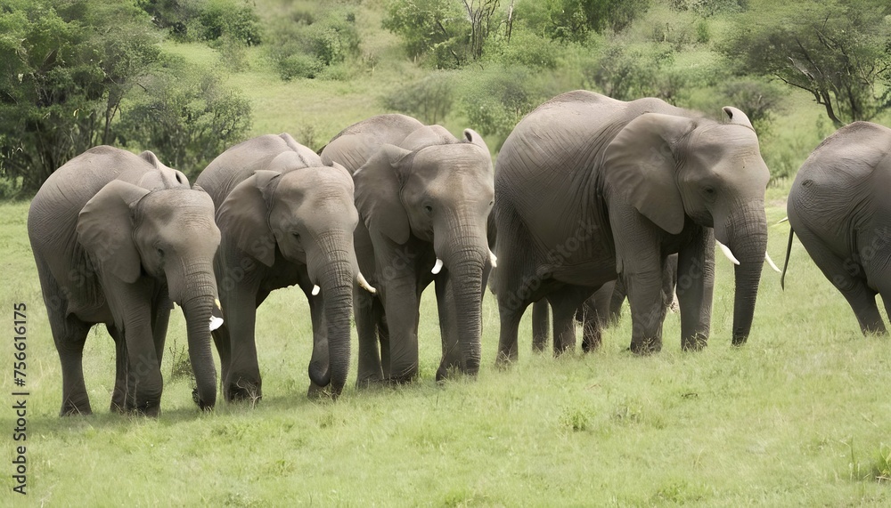 A Group Of Elephants Grazing On Grass