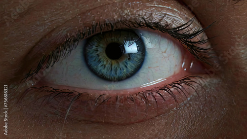 Macro shot highlighting the intricate details of a blue human eye with natural lighting. Concept of fear and stress and Retinal scan. AI-Generated