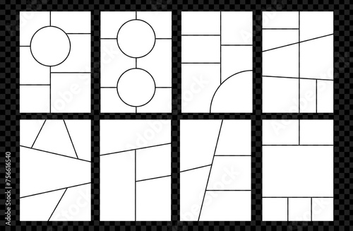 Set of Grid template for photo collage. Vector mood board. Page with frames. Simple layout mosiac with roundes on transparent bg.