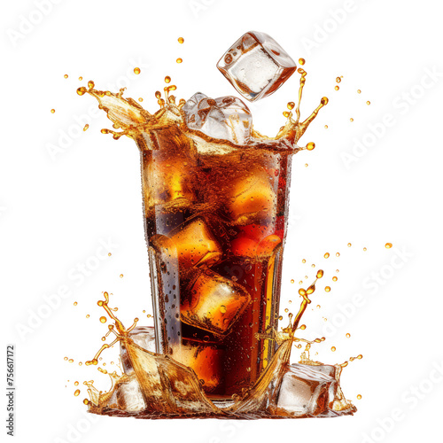 Cola with splash of ice cubes isolated on transparent background With clipping path.3d render photo