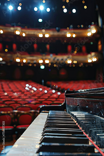 Close-up of a grand piano keyboard with theater seating in the background.
