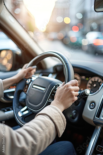 Driver's hands on a steering wheel, golden sunlight streaming through the windshield. © AdriFerrer