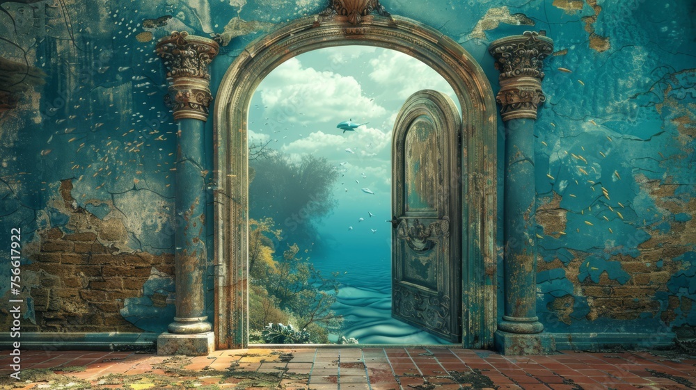 Surrealist journey through a door leading to an underwater world