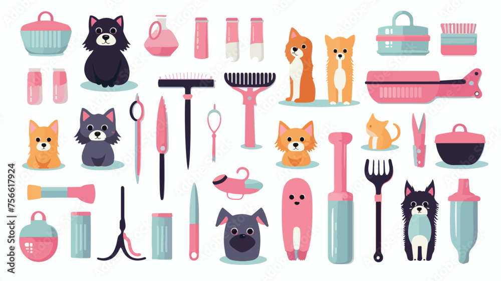 Pet care concept. Pet grooming tools set. 