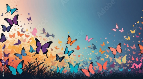 夕暮れの空を飛ぶたくさんのカラフルな蝶