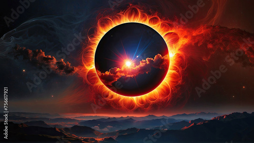 Digital art of a dramatic solar eclipse with vibrant colors above a serene mountain landscape. A fire hurricane ravages the cloudscape in the sky. AI-Generated