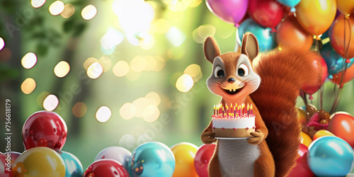 Fototapeta 3D cartoon happy squirrel holding a cake with candles in his paws against a festively decorated background with colorful balloons, copy space. Banner.