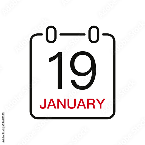 January 19 date on the calendar, vector line stroke icon for user interface. Calendar with date, vector illustration.