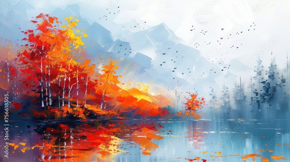 Abstract painting with autumn trees and a cool blue ambiance