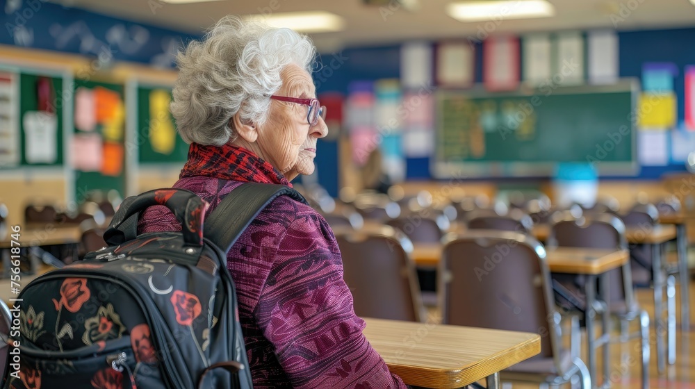 Obraz premium Senior woman in a classroom with a backpack.