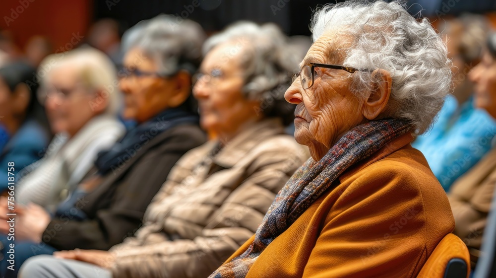 Elderly woman in audience looking focused and thoughtful. Elderly woman in audience looking focused and thoughtful.
