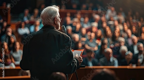 Senior man giving a speech to an audience.