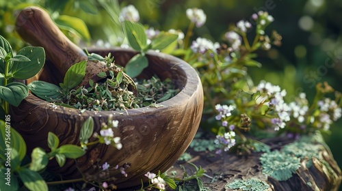 Wooden mortar and pestle with fresh herbs in a garden. natural, rustic homeopathy concept with organic ingredients. herbal medicine preparation. AI