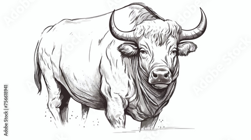 Powerful huge Buffalo with horns drawn in ink 