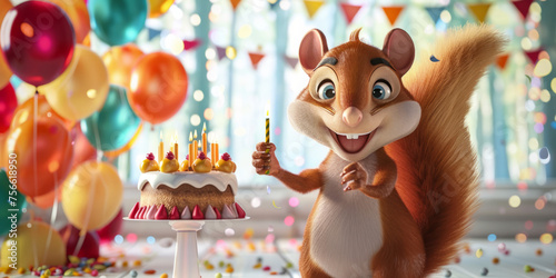 Fototapeta 3D cartoon happy squirrel, cake with candles against a festively decorated background with colorful balloons, copy space. Banner.