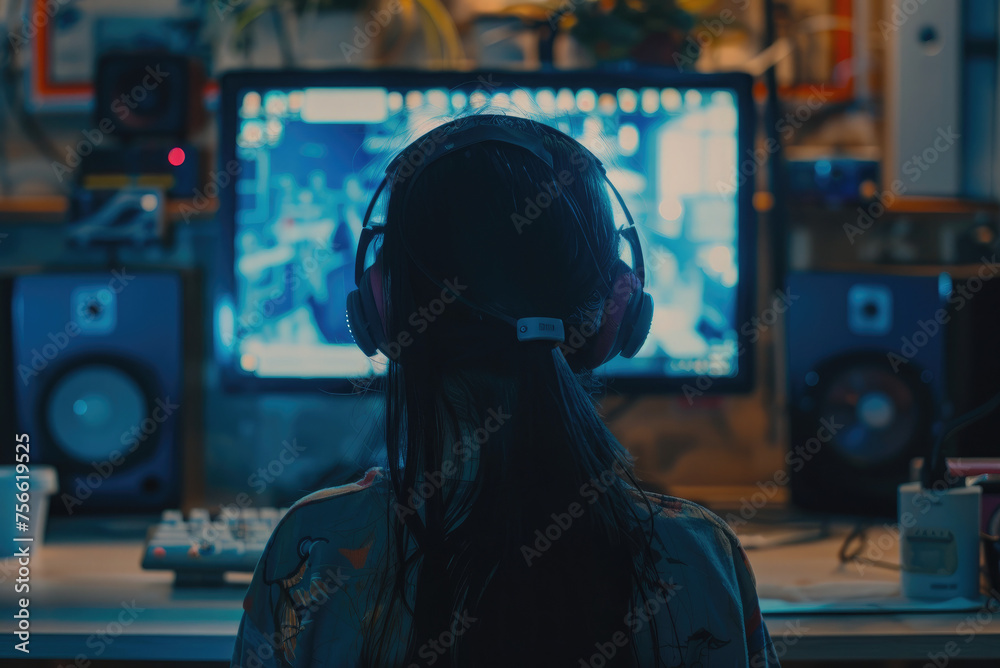 girl in front of the computer with headphones