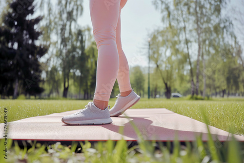 Woman's legs in sportswear on park mat, fitness outdoors