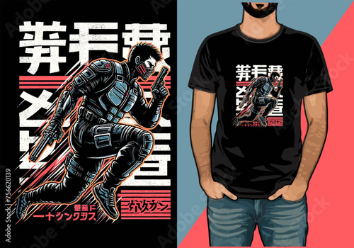 cartoon Japanese Martial art action  vector t-shirt design