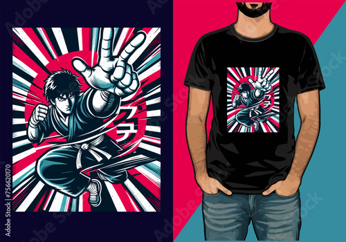cartoon Japanese Martial art action  vector t-shirt design