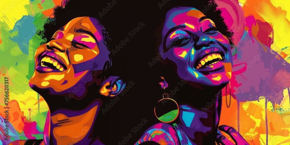 Colorful artwork of two beautiful smiling black women colorful background Generative AI