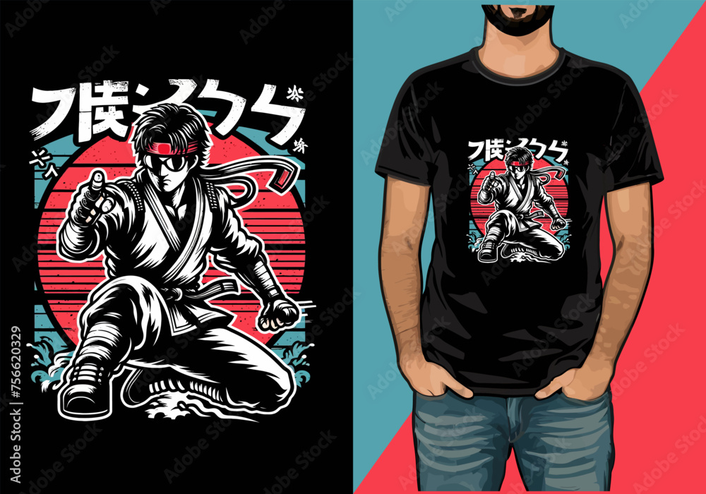 cartoon Japanese Martial art action  vector t-shirt design