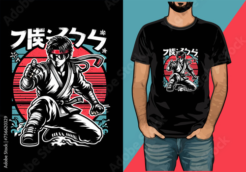 cartoon Japanese Martial art action  vector t-shirt design