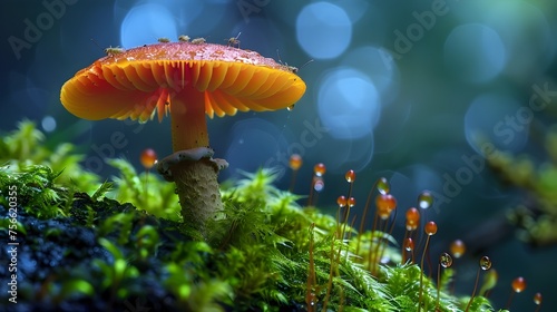 A red mushroom is sitting on a green mossy ground. The mushroom is surrounded by a lot of green moss and it looks like it is growing on the ground