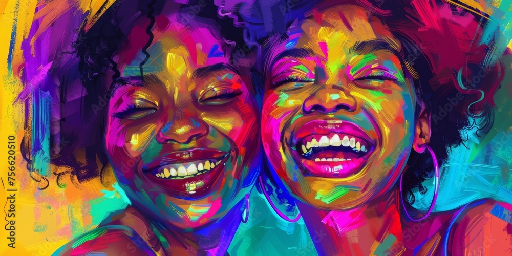 Colorful artwork of two smiling black women vibrant colors closeup portrait Generative AI