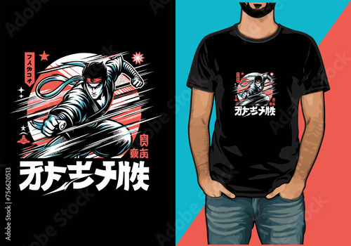 cartoon Japanese Martial art action  vector t-shirt design