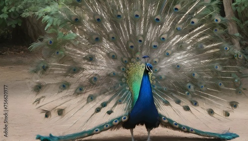 A Peacock With Its Feathers Spread Wide In A Threa