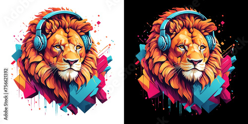 Lion wearing headphones urban lifestyle vibes, geometrical concept. T-shirt design, dtf stickers.