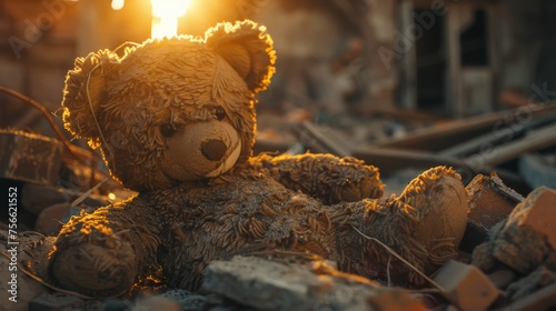 Brown Teddy Bear Sitting on Pile of Rubble photo