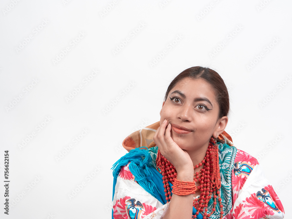 Ecuadorian Indigenous Woman with Dreamy Look at the Sky, on White Background Ecuadorian Indigenous Woman with Dreamy Look at the Sky, on White Background