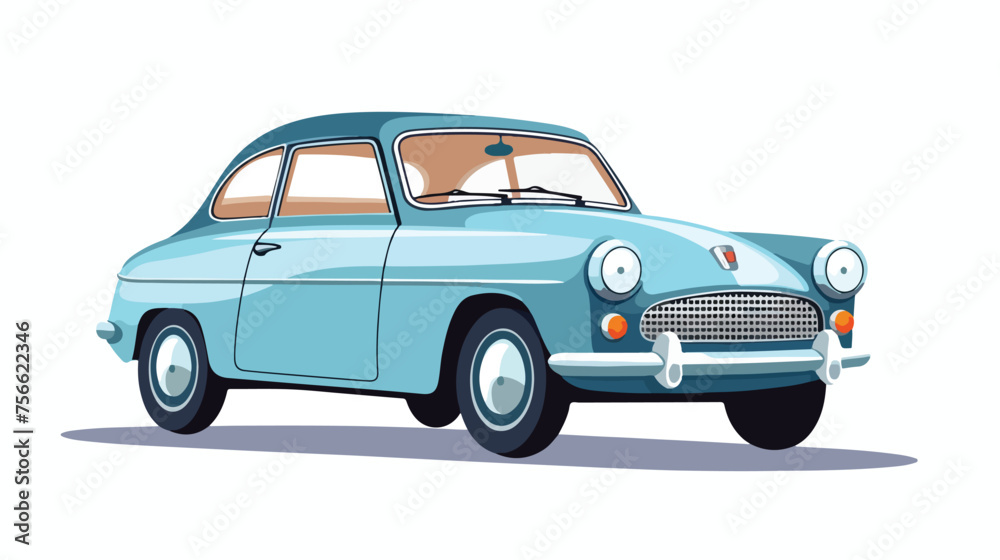 round small blue car in retro style isolated on a wh