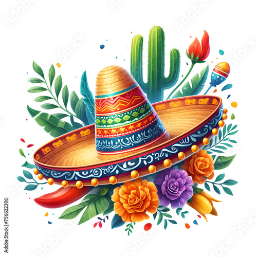 Mexican sombrero and cactus illustration PNG, Happy Cinco de mayo Clipart