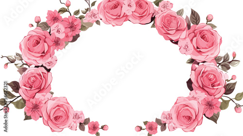 Round line frame with pink rose flower bouquets. vector